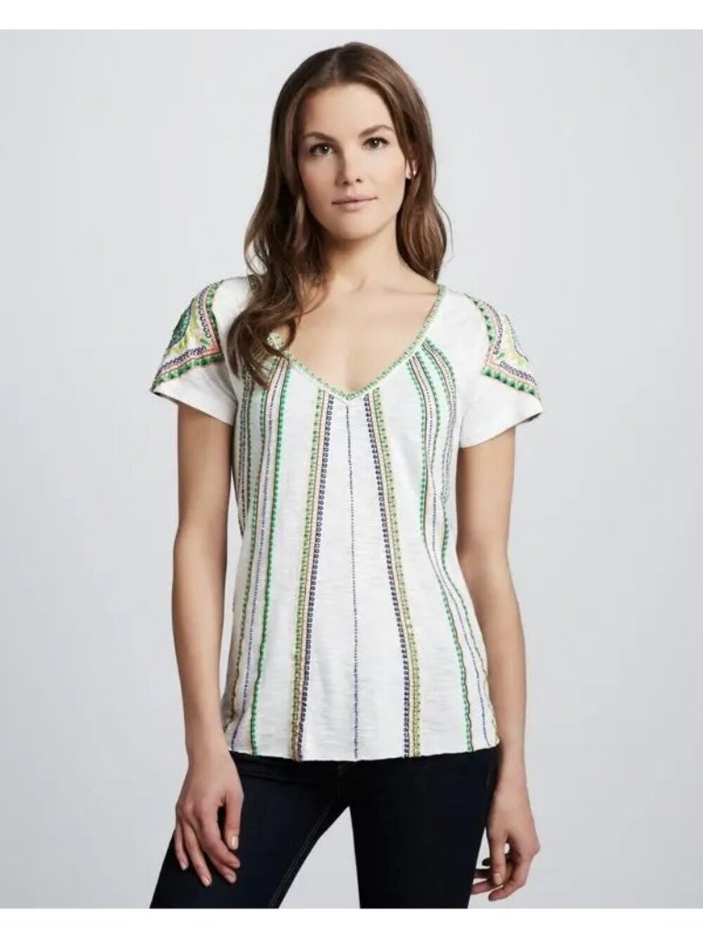 Free People White Multicolor Embroidered Boho V-Neck Short Sleeve Top Womens XS